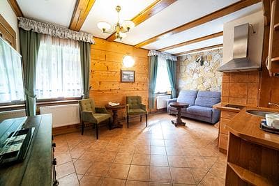 Studio 16 in Wapionka Manor – a living room with a kitchenette and a sofa
