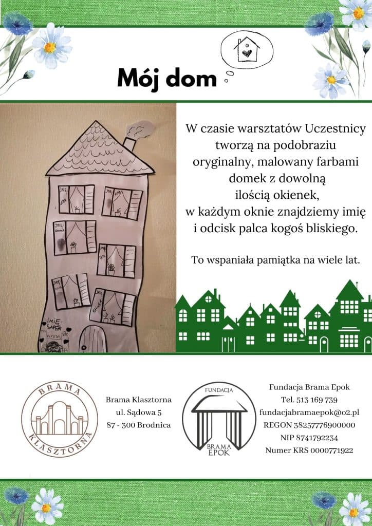 Plakat warsztatów „Mój dom” Fundacji Brama Epok – malowany domek z okienkami, imionami i odciskami palców bliskich